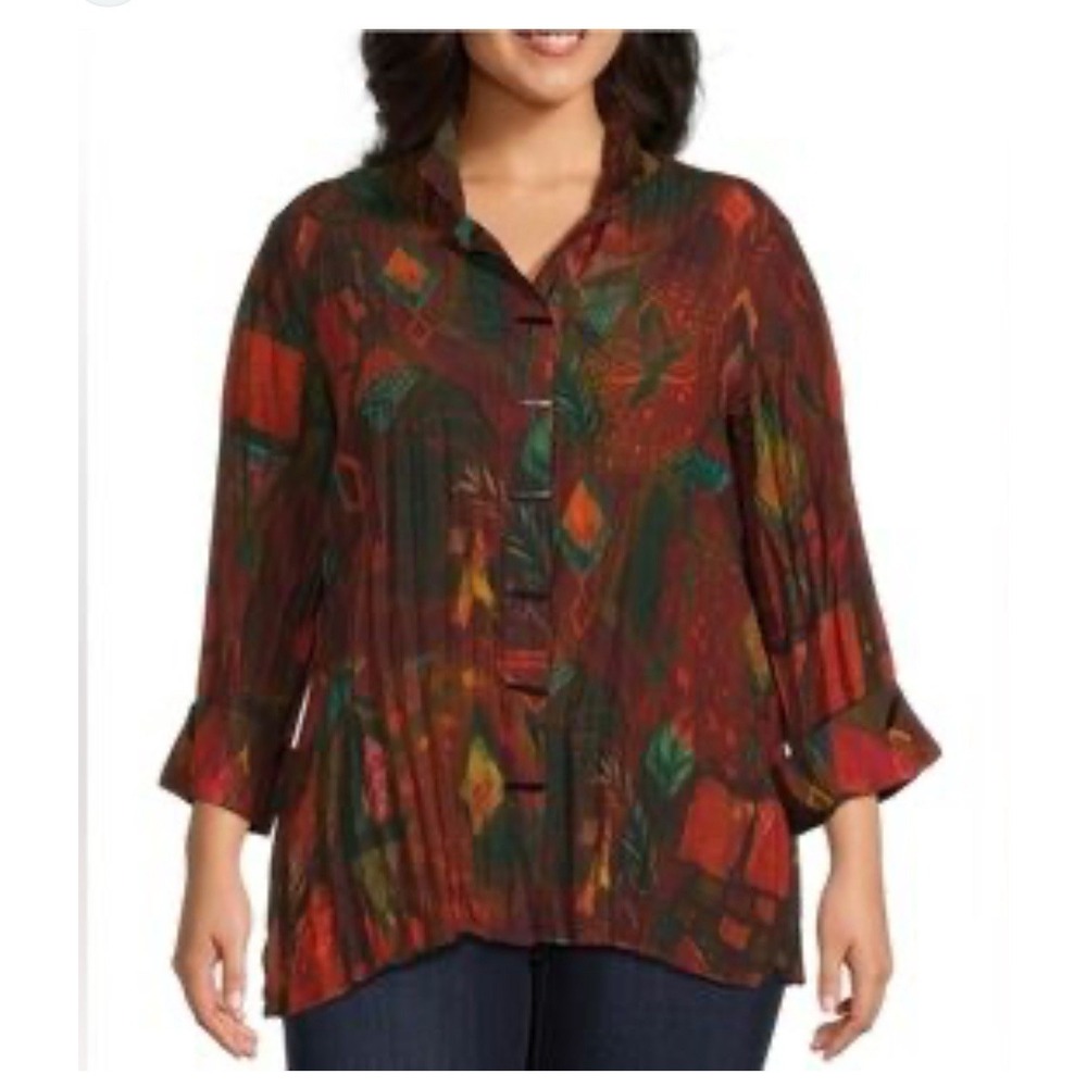 Ali Miles Shirt Womens 2X Abstract Button Up Wired Collar Tunic Top Cuff Sleeves